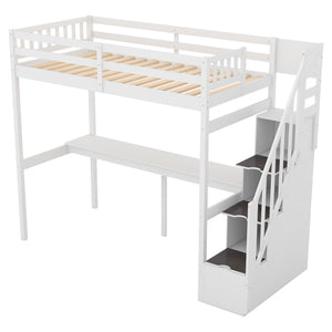 English Elm Twin Loft Bed with Storage Staircase and Built-In Desk, Solid Pine & MDF, Space-Saving Kids Furniture White GX000422AAK