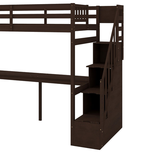 English Elm Twin Loft Bed with Storage Staircase and Built-In Desk, Solid Pine & MDF, Space-Saving Kids Furniture Espresso GX000422AAP