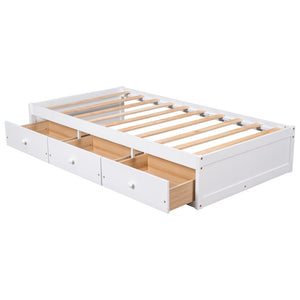 English Elm Twin Platform Storage Bed with 3 Under Frame Drawers Pine Wood Low Profile WF193634AAK