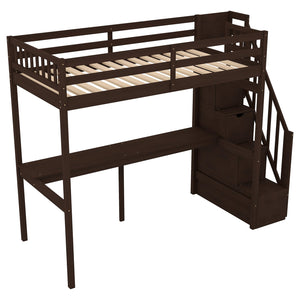 English Elm Twin Loft Bed with Storage Staircase and Built-In Desk, Solid Pine & MDF, Space-Saving Kids Furniture Espresso GX000422AAP