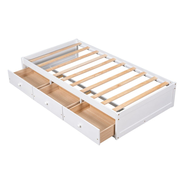 English Elm Twin Platform Storage Bed with 3 Under Frame Drawers Pine Wood Low Profile WF193634AAK