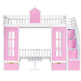 Hearth and Haven Twin over Twin Bunk Bed with Changeable Bottom Bed to Desk and 2 Drawers, Pink