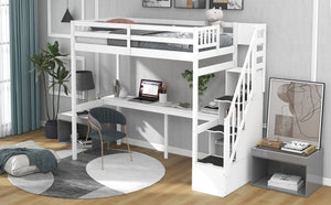 English Elm Twin Loft Bed with Storage Staircase and Built-In Desk, Solid Pine & MDF, Space-Saving Kids Furniture White GX000422AAK