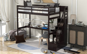 English Elm Twin Loft Bed with Storage Staircase and Built-In Desk, Solid Pine & MDF, Space-Saving Kids Furniture Espresso GX000422AAP