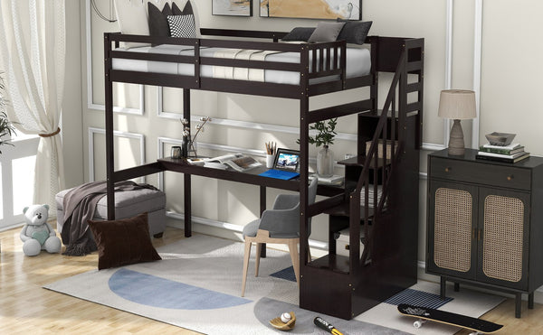 English Elm Twin Loft Bed with Storage Staircase and Built-In Desk, Solid Pine & MDF, Space-Saving Kids Furniture Espresso GX000422AAP