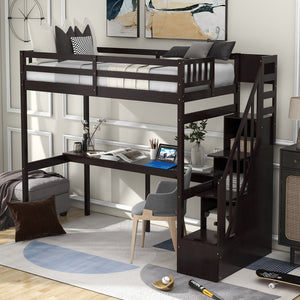 English Elm Twin Loft Bed with Storage Staircase and Built-In Desk, Solid Pine & MDF, Space-Saving Kids Furniture Espresso GX000422AAP