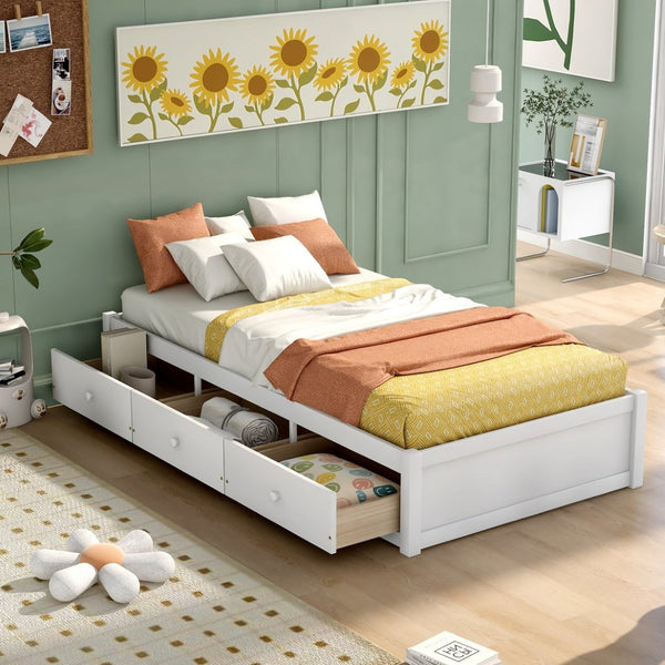 English Elm Twin Platform Storage Bed with 3 Under Frame Drawers Pine Wood Low Profile WF193634AAK