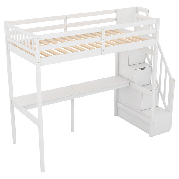 English Elm Twin Loft Bed with Storage Staircase and Built-In Desk, Solid Pine & MDF, Space-Saving Kids Furniture White GX000422AAK
