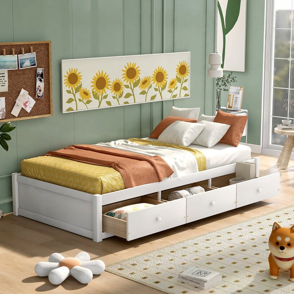English Elm Twin Platform Storage Bed with 3 Under Frame Drawers Pine Wood Low Profile WF193634AAK