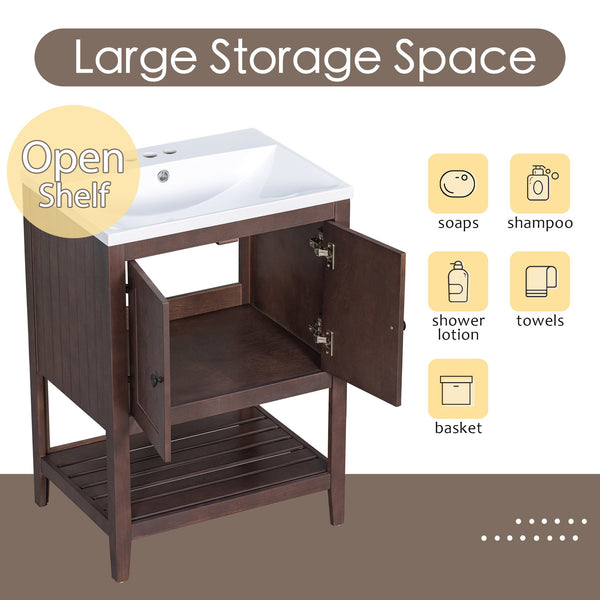 English Elm 24" Modern Sleek Bathroom Vanity with Ceramic Sink, Solid Wood Frame, Waterproof Finish and Open Shelf Storage Brown N725P246473D