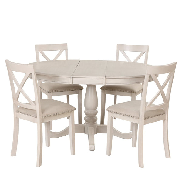 English Elm Modern Round Pedestal Dining Set Seats Four Rubberwood Farmhouse Style Antique White SG000640AAA