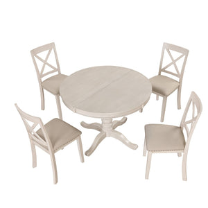 English Elm Modern Round Pedestal Dining Set Seats Four Rubberwood Farmhouse Style Antique White SG000640AAA