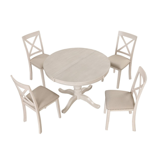 English Elm Modern Round Pedestal Dining Set Seats Four Rubberwood Farmhouse Style Antique White SG000640AAA