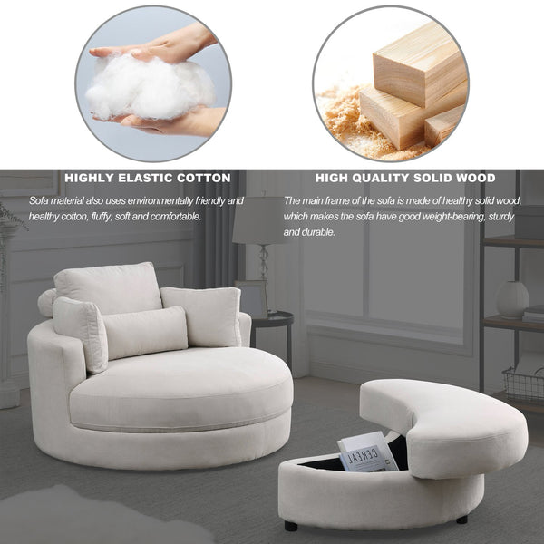 English Elm Welike Swivel Accent Barrel Modern Linen Sofa Lounge Club Round Chair with Storage Ottoman Cozy Plush Comfort and Durable Frame Beige W834S00047