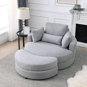 English Elm Welike Swivel Accent Barrel Chair with Storage Ottoman, Grey Linen, Modern Round Recliner Sofa 51" W83469811