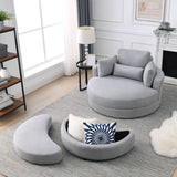 Hearth and Haven Welike Swivel Accent Barrel Modern Grey Sofa Lounge Club Big Round Chair with Storage Ottoman Linen Fabric For Living Room Hotel with Pillows W83469811