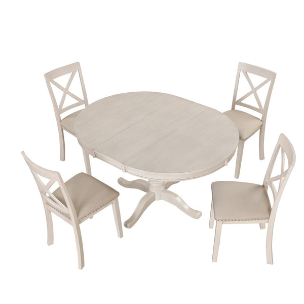 English Elm Modern Round Pedestal Dining Set Seats Four Rubberwood Farmhouse Style Antique White SG000640AAA