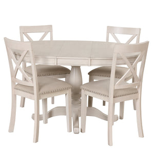 English Elm Modern Round Pedestal Dining Set Seats Four Rubberwood Farmhouse Style Antique White SG000640AAA