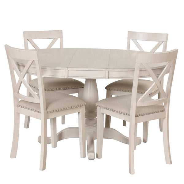 English Elm Modern Round Pedestal Dining Set Seats Four Rubberwood Farmhouse Style Antique White SG000640AAA