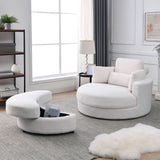 Hearth and Haven Welike Swivel Accent Barrel Modern Sofa Lounge Club Big Round Chair with Storage Ottoman Linen Fabric For Living Room Hotel with Pillows, Teddy White W83469823