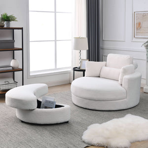 English Elm Welike Swivel Accent Barrel Modern Linen Sofa Lounge Club Round Chair with Storage Ottoman Cozy Plush Comfort and Durable Frame Ivory W834S00046
