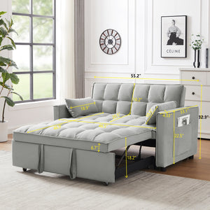 English Elm Modern Velvet Loveseat with Pullout Bed and 3-Level Reclining Backrest, Space-Saving Sofa Bed Comfort Gray W1359P304807