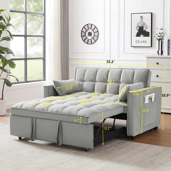 English Elm Modern Velvet Loveseat with Pullout Bed and 3-Level Reclining Backrest, Space-Saving Sofa Bed Comfort Gray W1359P304807