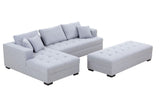 English Elm Tufted Fabric 3-Seat L-Shape Sectional Sofa Couch Set W/Chaise Lounge, Ottoman Coffee Table Bench, Light Grey