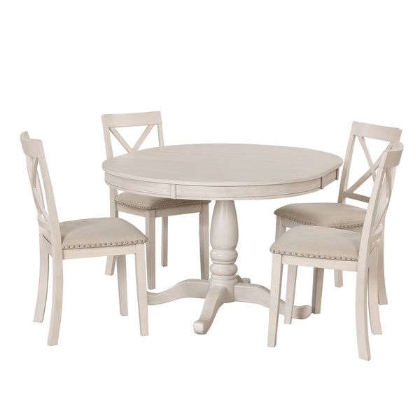 English Elm Modern Round Pedestal Dining Set Seats Four Rubberwood Farmhouse Style Antique White SG000640AAA