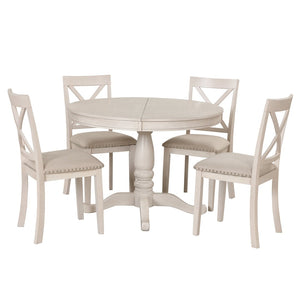 English Elm Modern Round Pedestal Dining Set Seats Four Rubberwood Farmhouse Style Antique White SG000640AAA