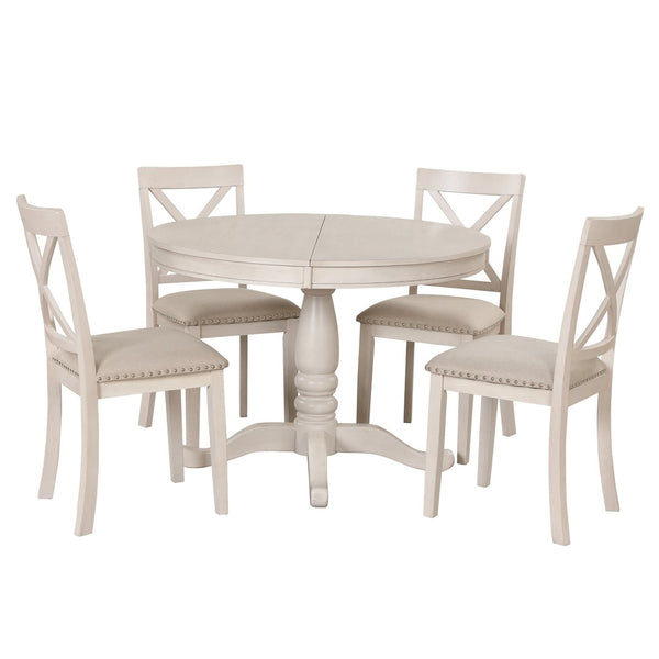 English Elm Modern Round Pedestal Dining Set Seats Four Rubberwood Farmhouse Style Antique White SG000640AAA