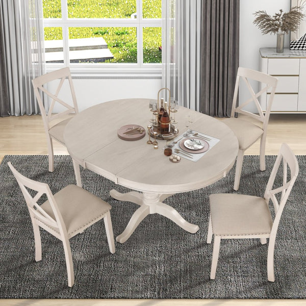 English Elm Modern Round Pedestal Dining Set Seats Four Rubberwood Farmhouse Style Antique White SG000640AAA