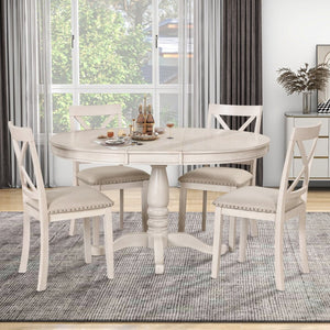 English Elm Modern Round Pedestal Dining Set Seats Four Rubberwood Farmhouse Style Antique White SG000640AAA