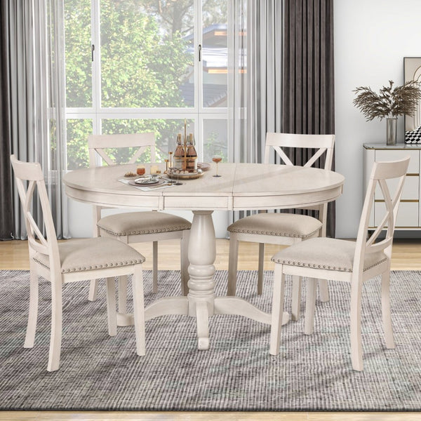 English Elm Modern Round Pedestal Dining Set Seats Four Rubberwood Farmhouse Style Antique White SG000640AAA