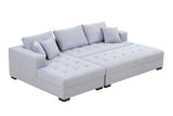 English Elm Tufted Fabric 3-Seat L-Shape Sectional Sofa Couch Set W/Chaise Lounge, Ottoman Coffee Table Bench, Light Grey