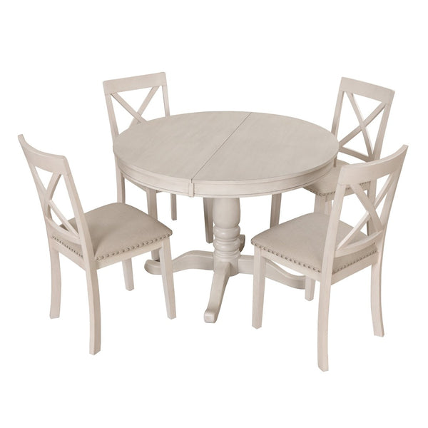 English Elm Modern Round Pedestal Dining Set Seats Four Rubberwood Farmhouse Style Antique White SG000640AAA