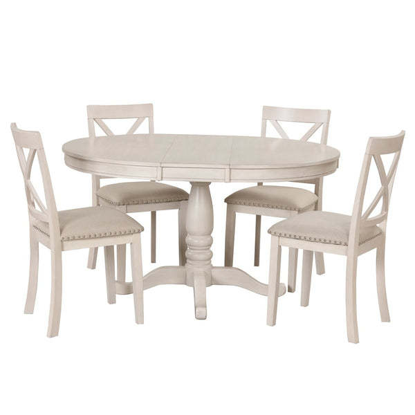 English Elm Modern Round Pedestal Dining Set Seats Four Rubberwood Farmhouse Style Antique White SG000640AAA