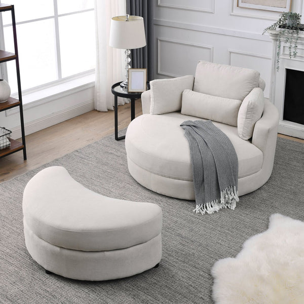 English Elm Welike Swivel Accent Barrel Modern Linen Sofa Lounge Club Round Chair with Storage Ottoman Cozy Plush Comfort and Durable Frame Beige W834S00047