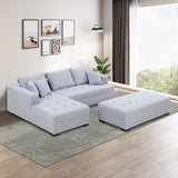 English Elm Tufted Fabric 3-Seat L-Shape Sectional Sofa Couch Set W/Chaise Lounge, Ottoman Coffee Table Bench, Light Grey