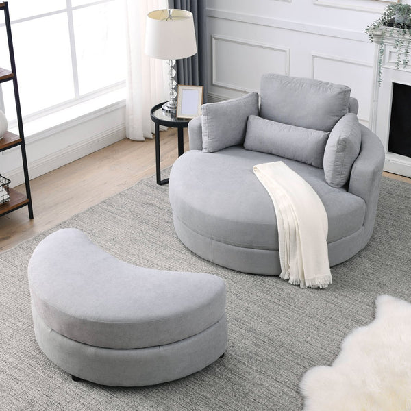 English Elm Welike Swivel Accent Barrel Modern Linen Sofa Lounge Club Round Chair with Storage Ottoman Cozy Plush Comfort and Durable Frame LIGHT GREY W834S00048