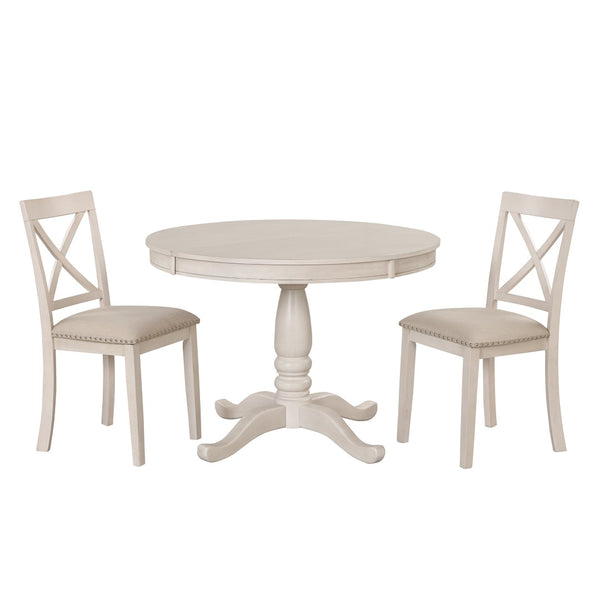 English Elm Modern Round Pedestal Dining Set Seats Four Rubberwood Farmhouse Style Antique White SG000640AAA