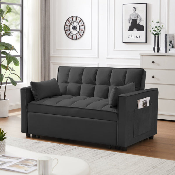 English Elm Modern Velvet Loveseat with Pullout Bed and 3-Level Reclining Backrest, Space-Saving Sofa Bed Comfort Black W1359P304808