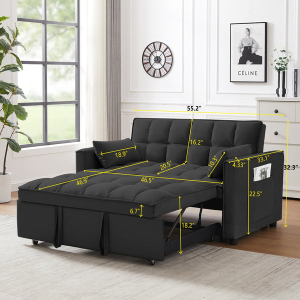 English Elm Modern Velvet Loveseat with Pullout Bed and 3-Level Reclining Backrest, Space-Saving Sofa Bed Comfort Black W1359P304808