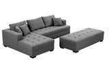 English Elm 111'' Tufted Fabric 3-Seat L-Shape Sectional Sofa Couch Set W/Chaise Lounge, Ottoman Coffee Table Bench, Dark Grey