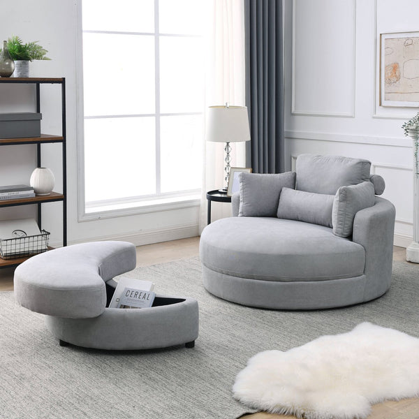 English Elm Welike Swivel Accent Barrel Chair with Storage Ottoman, Grey Linen, Modern Round Recliner Sofa 51" W83469811