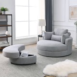 Hearth and Haven Welike Swivel Accent Barrel Modern Grey Sofa Lounge Club Big Round Chair with Storage Ottoman Linen Fabric For Living Room Hotel with Pillows W83469811