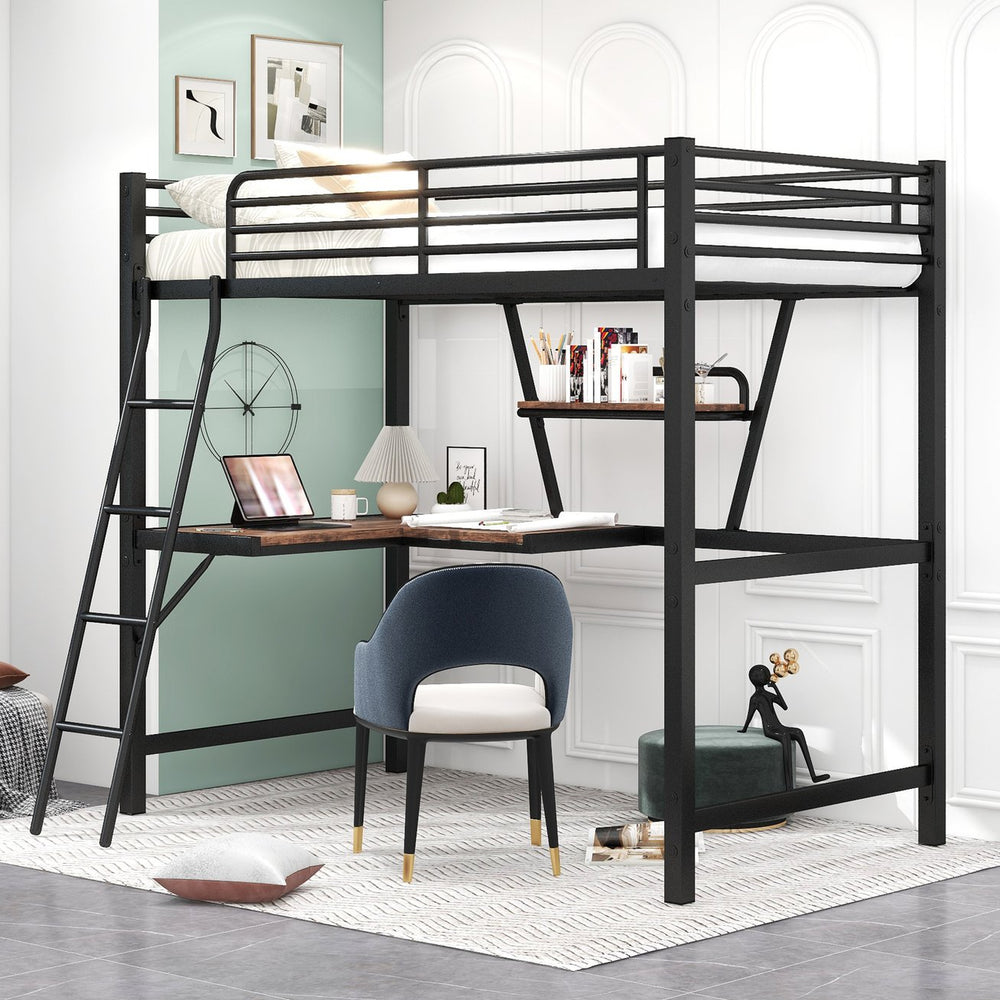 English Elm Twin Loft Metal & MDF Bed with Desk and Shelf, Black — Space-Saving Study Bunk with Guardrail, Ladder GX001105AAB