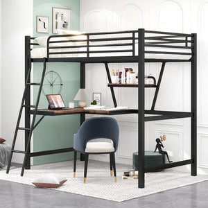 English Elm Twin Loft Metal & MDF Bed with Desk and Shelf, Black — Space-Saving Study Bunk with Guardrail, Ladder GX001105AAB
