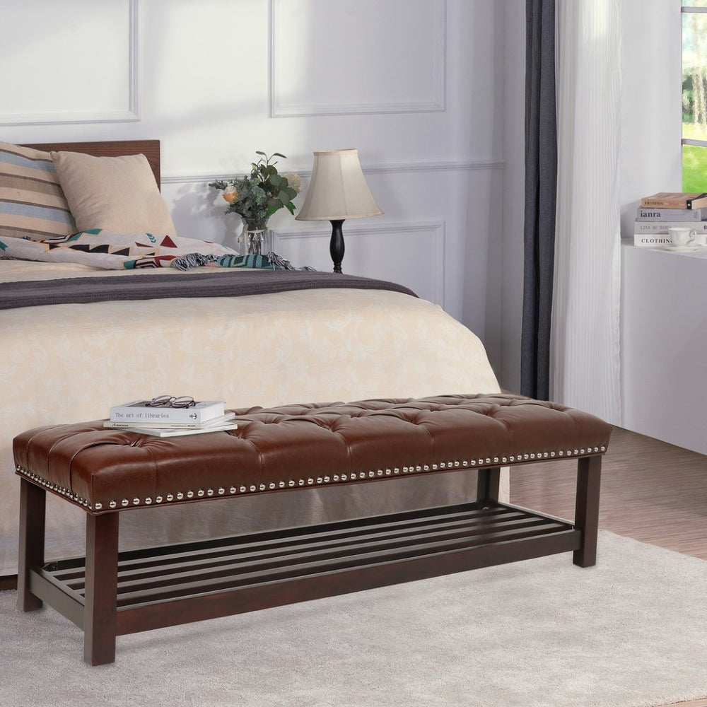 English Elm Bedroom Tufted Pu Leather Bench with Nailhead Trim Fits Queen or King Footboard W68053159