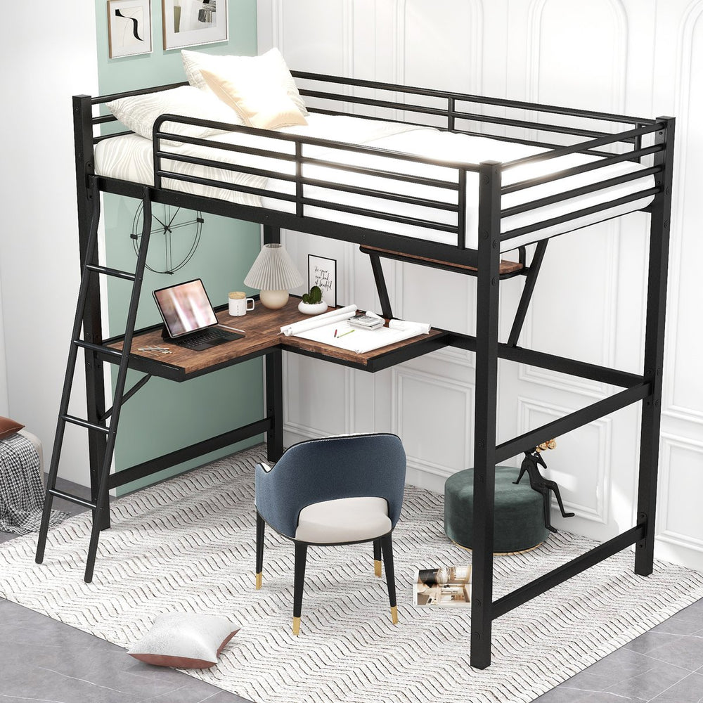 English Elm Twin Loft Metal & MDF Bed with Desk and Shelf, Black — Space-Saving Study Bunk with Guardrail, Ladder GX001105AAB